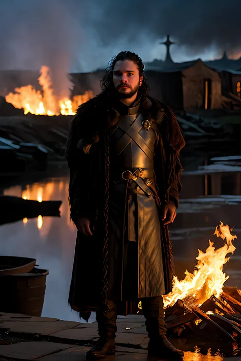 game of thrones, jon snow, a close-up of, illuminated by the light of a fire, with a backdrop of a dirty river and a shanty town...