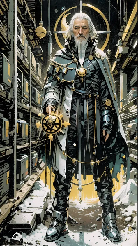 a 70 year old man, full body, cold, layers of white clothes, gold and black waist, futuristic cyberpunk suit, librarian, writer,...