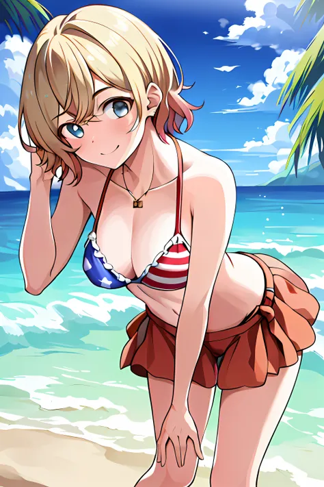 (masterpiece, best quality, 8k, highres:1.2), 1girl, bikini, beach, shy smile, troubled eyebrows, leaning forward,