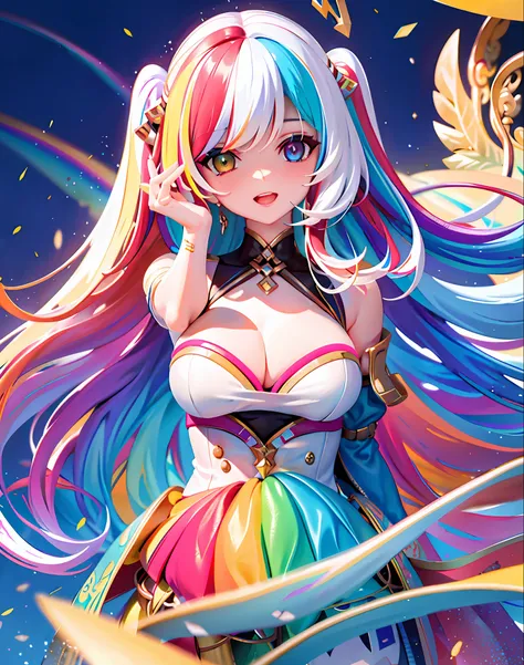 {{masterpiece}}, best quality, cinematic lighting, lens flare, medium breasts, beautiful detail eyes,  multicolor hair, colorful light particles, heterochromia, (colorful:1.5), (colorful hair:1.5),
