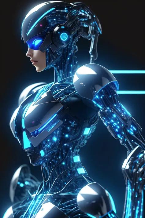 female, side portrait, chrome clothing with blue led, cybernetic eye, style sc3pt4