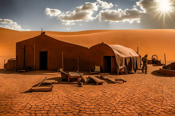 military marine in the middle of the sahara desert, wooden garrison, river, volumetric clouds, cactus, salt roof, by phse