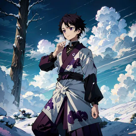 anime, (best quality), a boy in dynamic pose (young and small), (snowy forest with sunrise), messy black hair (short), ((emotion...