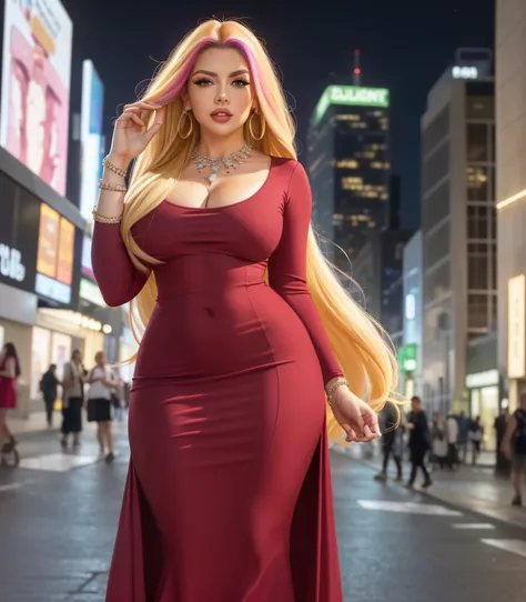 (1girl:1.2),(boltedonbutt,happy,aroused:1.5),narrow_waist,skinny,looking_at_viewer,(clothed,covered,elegant_dress,detailed_dress,long_dress,red_dress:1.4),BREAK,(detailed_pretty_face,pretty_eyes,looking_at_viewer,very_long_Hair,multicoloured_hair,bracelet,...