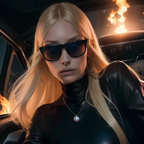 Blender 3D, BALENCIAGA, blue girl, high quality, black clothing, black dress glued, beautiful body, thin waist, long blonde hair, bangs in the eye, thin and sculpted face, bella hadid, slim body, girl coming out of a burning car black, night light, dark li...
