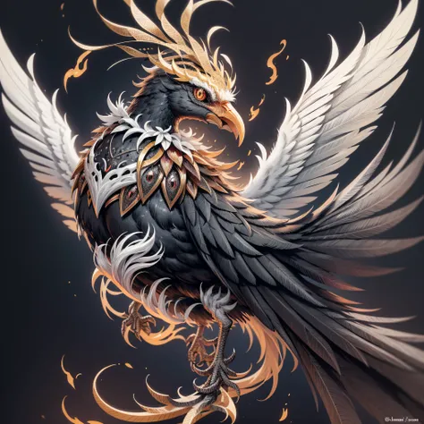 A printable black and white coloring page, high resolution Fênix Flamejante: This bird has feathers that appear to be made of flames, its eyes are like miniature suns. It has the power to regenerate from ashes and control fire. --auto --s2