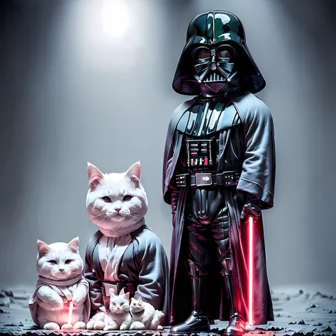 (masterpiece), best quality, ultra-detailed, Darth Vader from Star Wars saga wearing a pink bathrobe and fuzzy bunny slippers, holding a cute grey and white cat, in a futuristic sci-fi setting with a subtle pink and purple lighting.