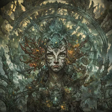 Imagine This being has a skin that looks like it is made of tree bark, with leaves and flowers growing on its body. digital epic fantasy, symmetrical concept art, a sinister fantasy illustration, symmetrical epic fantasy art, epic fantasy science fiction i...