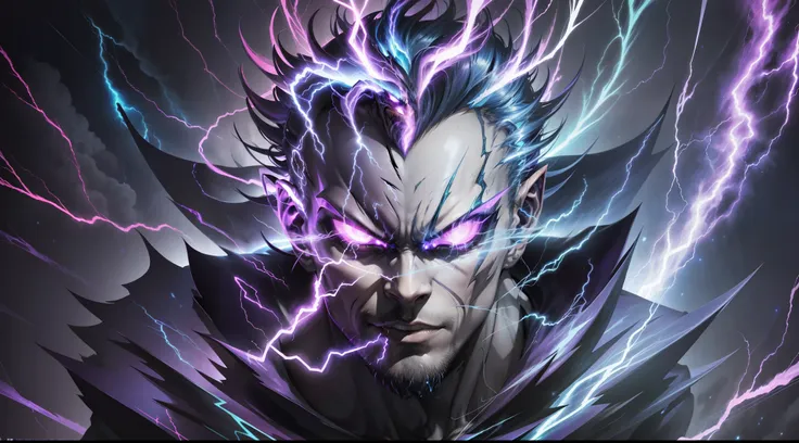 a close-up of a person with a purple and blue background full of lightning, glowing black aura, evil aura, 8k anime, an epic ani...