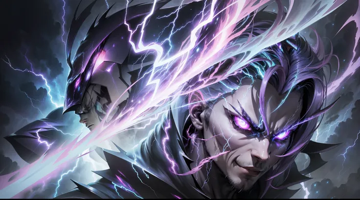 a close-up of a person with a purple and blue background full of lightning, glowing black aura, evil aura, 8k anime, an epic anime of a being with lightning powers, epic anime style, menacing aura, aura of darkness, evolving into his final form, glowing po...