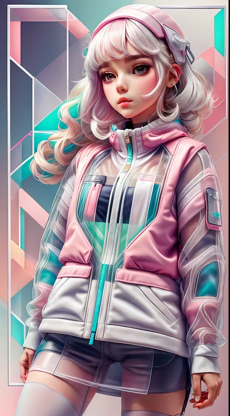 white,totally white,pastel colors,1girl with techwear clothing(transparent:1.2)geometric:1.3,sexy,papercute background