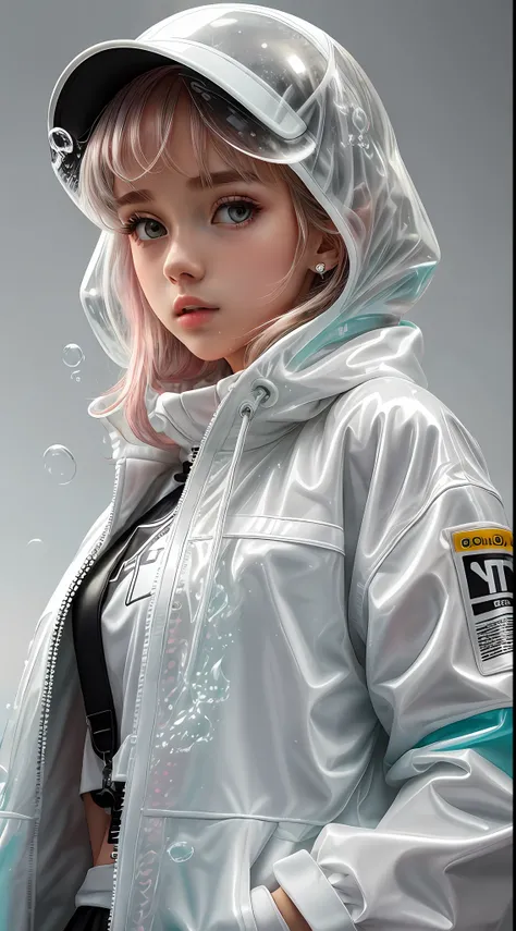 white,totally white,pastel colors,(bubble drip)1girl with techwear clothes,sexy,circular shapes on background(bubble drips)melt