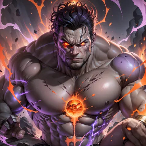 A purple giant with huge muscles and protruding veins. He has an expression of fury and pain, his eyes glowing red. He is surrounded by an aura of orange energy that comes out of his body like lava. He has scars and sores all over his face and chest, showi...