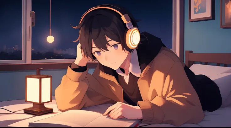 male anime character lying in bed with headphones, lofi artstyle, digital anime illustration, detailed 2d illustration, lofi art...