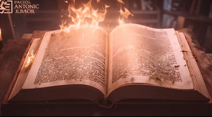 there is a book that is open on a table with fire, reading an evil demonic book, spell book, holy flame spell, grimoire, 4 0 9 6...