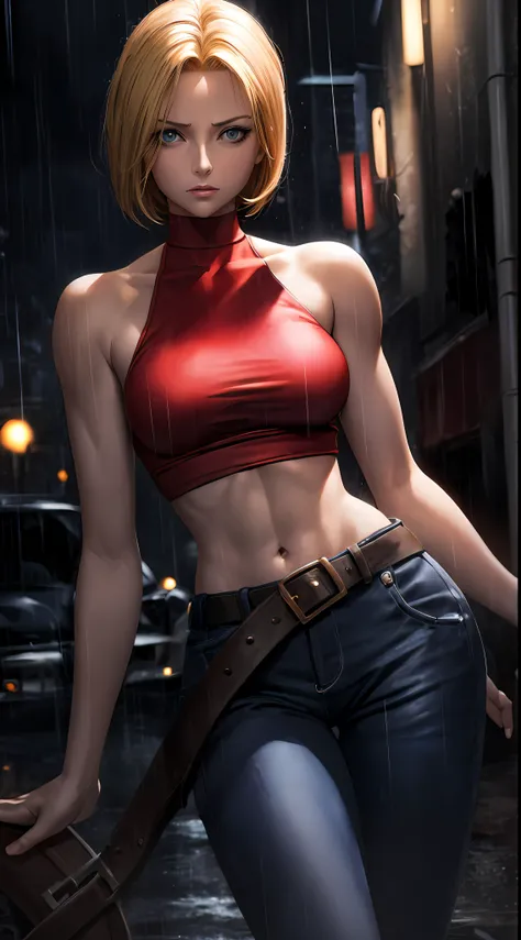 Maryms, Best Quality, (Beauty), Masterpiece, 1 female, physical rendering, thin waist, big eyes, (small breasts), puffy eyes, night, (Rain Castle), brightened skin, facing the audience, determined expression, facing the camera, red top, jeans, street backg...