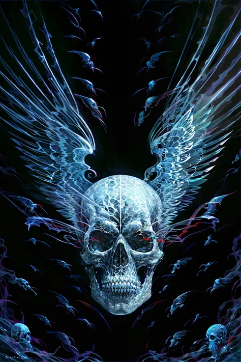 skull print,wings,intricate, high detail, sharp focus, dramatic, photorealistic painting