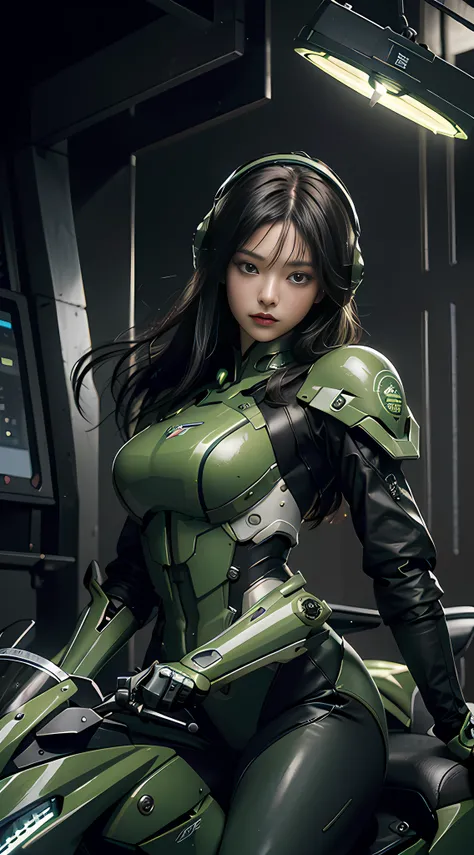 Highest image quality, outstanding details, ultra-high resolution, (realism: 1.4), the best illustration, favor details, highly condensed 1girl, with a delicate and beautiful face, dressed in a black and green mecha, wearing a mecha helmet, holding a direc...