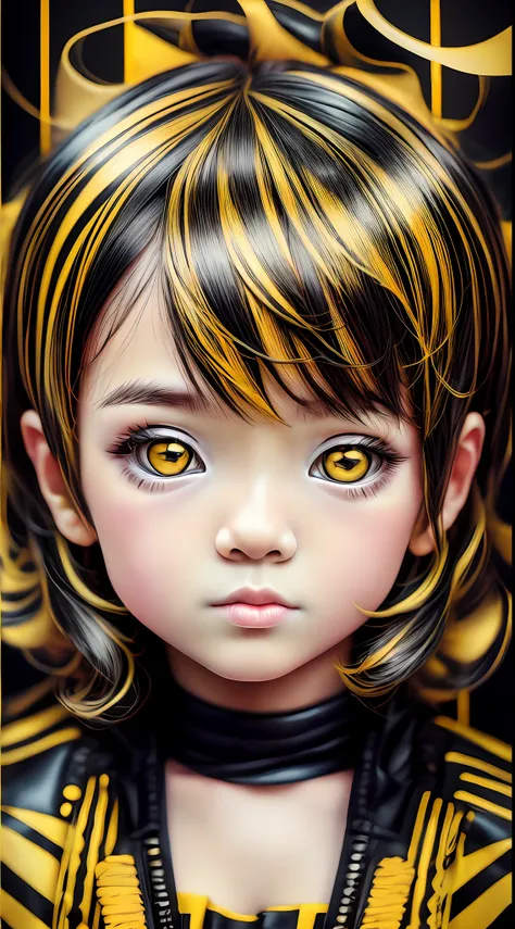 black and yellow, chibi and real style masterpiece, realistic photography, colorful background, detailed portrait