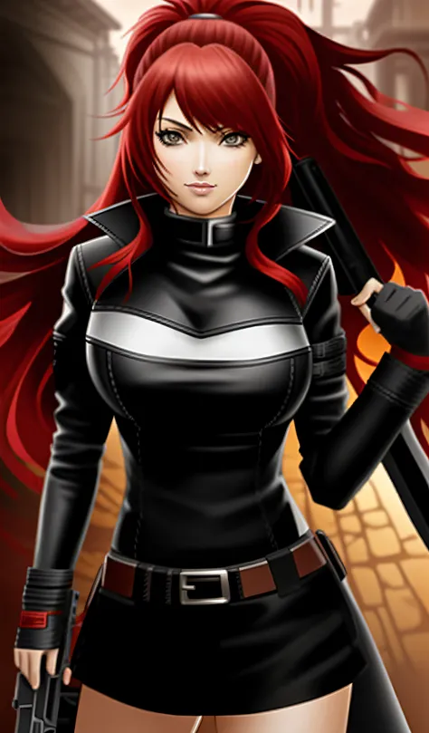 anime girl with red hair and leather outfit holding a gun, katarina from league of legends, rogue anime girl, portrait ninja gaiden girl, marin kitagawa fanart, katarina, extremely detailed artgerm, detailed anime character art, portrait of a female anime ...
