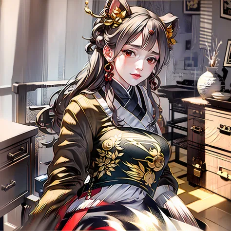 masterpiece, superb piece, hanfukozue, 1girl, silver-haired girl, (nine foxtails) red eyes, traditional chinese architecture