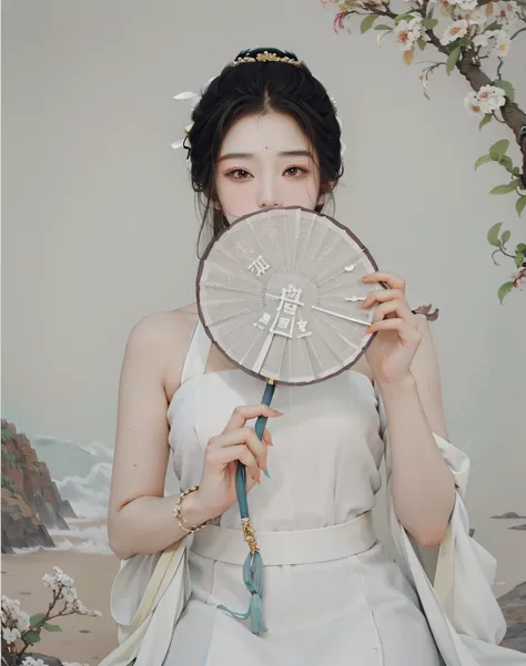 arafed woman in a white dress holding a fan in front of her face, yanjun chengt, mingchen shen, wenfei ye, jinyiwei, qifeng lin,...