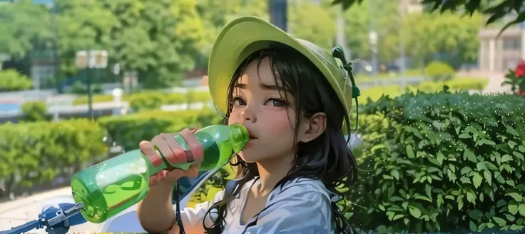 there is a young girl drinking from a green bottle, peacefully drinking river water, very thirsty, 2 years old, at a park, with ...