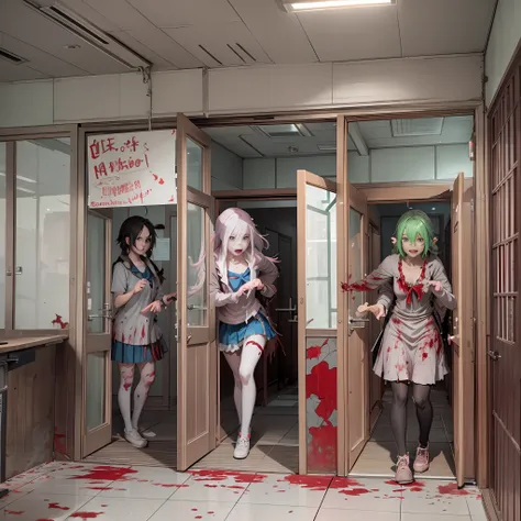 a group of anime turned zombies at the door of the classroom, with open mouths, fangs, blood stains