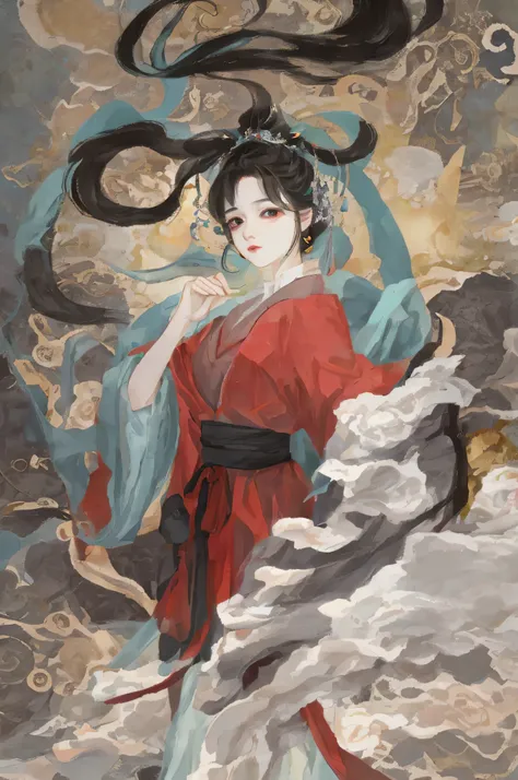 An ancient Chinese beauty sitting on a stone, wearing ancient Chinese clothing, flowing tulle, light silk, lazy posture, large lotus leaf, lotus, ink painting style, clean color, decisive cutting, blank, freehand, masterpiece, super detailed, epic composit...