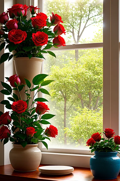 clay pot, colorful roses, by the window, sunlight coming in, blank background, lots of details, high quality, 8k,