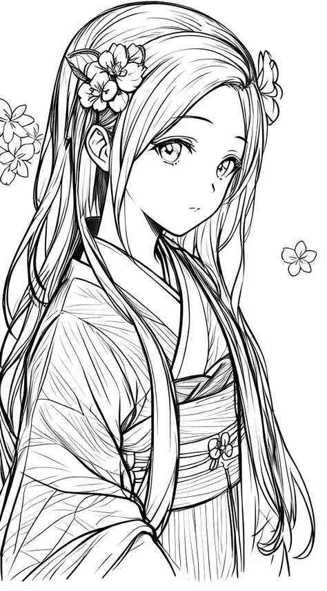 masterpiece, best quality, 1girl,head closeup, solo, hanfu, peach blossom background, white background, monochrome, line art, ((...