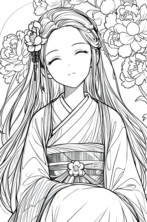 masterpiece, best quality, 1girl,close up, closed eyes,solo, hanfu, peony background, white background, monochrome, line art, ((...