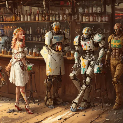 painting of a woman in a white dress standing next to a robot, robot barkeep, robots drinking alcohol, cyborgs working, mecha hu...