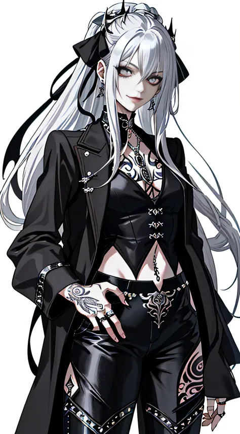 Masterpiece, high quality, rich in details, anime girl with long hair and tattoos, 1 7 years old - anime gothic girl, detailed anime character art, gothic shoujo anime girl, full body art, he wears silver-black mirrored leather trousers, the style is simil...