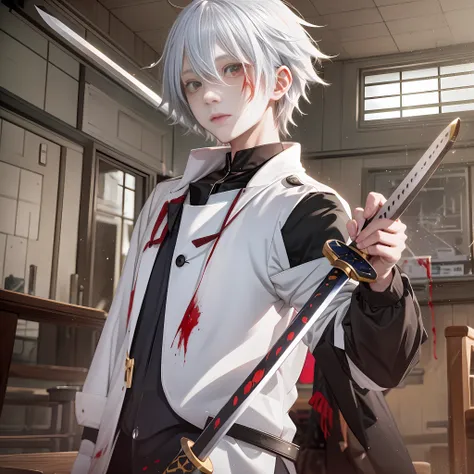 an anime boy in the classroom has white hair and blood stains on his face and holds a sword in his hand