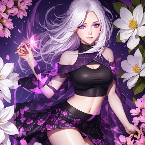 realistic, 1girl, white hair, purple eyes, glowing eyes, crop top, skirt, parted lips, blush, night, flowers, sun, sunlight, --a...