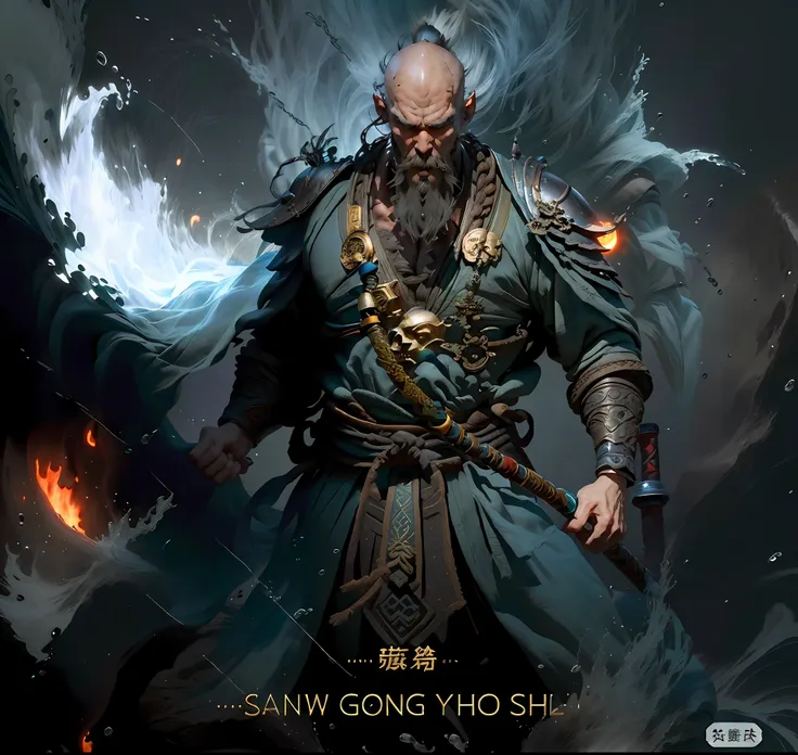 sand monk bald monk, close-up of bald male chinese monk with skull on chest, chinese man, hideous face, guan yu, water waves on ...