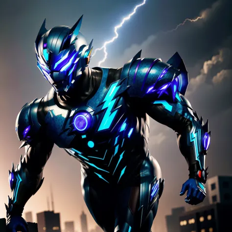 cyberpunk flash, blue armor, summon mask, glowing red eyes, bodybuilder, running, ruins of a city in the background, lightning in the sky, hyper detail, super realistic, cinematic , octane rendering, 16k