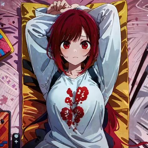 sleepeace, 1girl, pajamas, bigg red moon light,, ultra_detailed:1.2, red hair, red eyes, medium breast