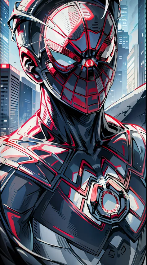 spider man in a black outfit with spider in the center of his chest in white, organic looking outfit, gooey forehead, symbiote, ...