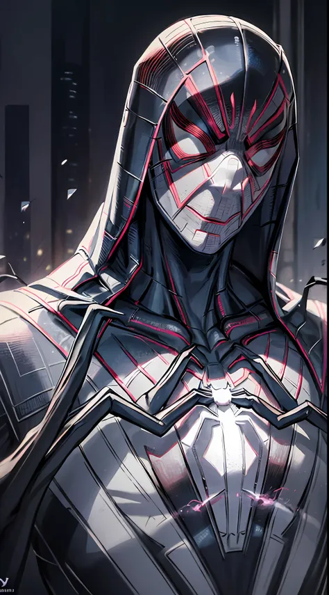 spider man in a black suit with spider in the center of his chest in white, organic looking clothing, gooey testura, symbiote, w...