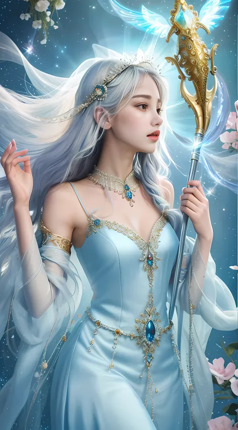 the highest quality, masterpiece, dreamy interstellar world, ethereal background, a silver-haired goddess holding a staff fluctu...