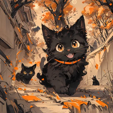 black cat, orange, cute, big eyes, masterpiece, full moon, alley