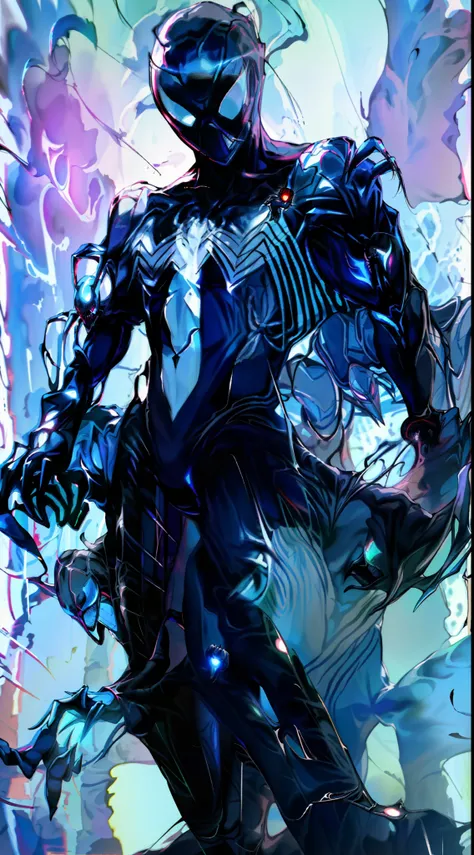 Spider Man in a black outfit with spider in the center of his chest in white, organic looking outfit, gooey testure, symbiote, cinematic scene, highly detailed, cinematic rendering, ultra photorealistic raytricing, with cinematic lighting