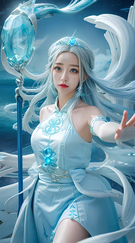 the highest quality, masterpiece, dreamy interstellar world, ethereal background, a silver-haired goddess holding a staff fluctu...