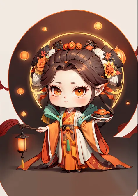 A Chinese girl in Hanfu, carrying a lantern, autumn, Mid-Autumn Festival, mooncakes, dark brown hair, ancient Chinese hair bun, pattern, orange-red skirt, cyan-orange color matching, osmanthus flowers on both sides of the hair, some metal flower headdress,...