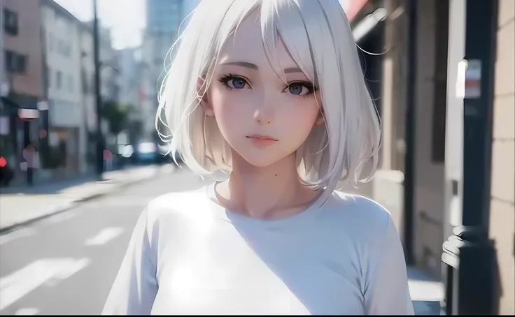 close-up of a woman in a white shirt on a city street, anime girl in real life, hakuhime haircut, ultra-realistic anime, girl wi...