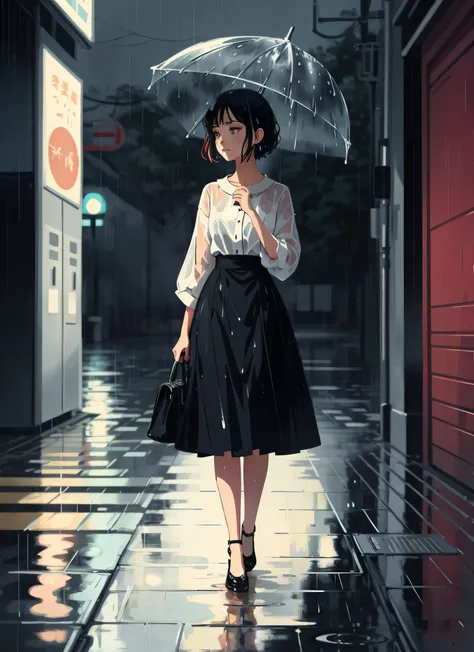 cute aesthetic illustration, flat anime, stylized digital art, (elegant woman standing in the rain, focused, wet), colorful styl...