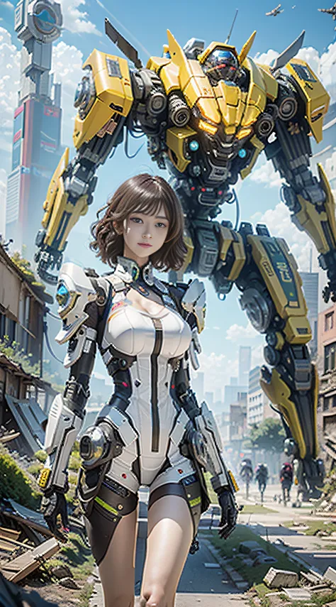 ((Best quality)), ((masterpiece)), (highly detailed:1.3), 3D,Shitu-mecha, beautiful cyberpunk women with her mecha in the ruins of city from a forgoten war, ancient technology,HDR (High Dynamic Range),Ray Tracing,NVIDIA RTX,Super-Resolution,Unreal 5,Subsur...