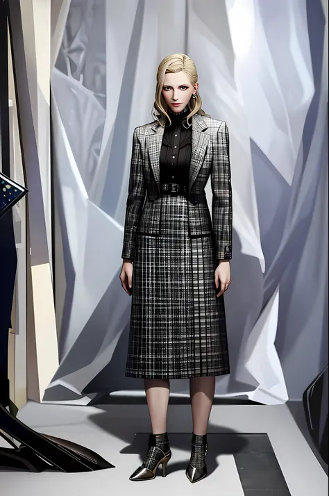 arafed woman in a plaid coat and skirt standing in a room, official jil sander editorial, modern maximalist suit, eva elfie, by ...